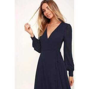 Lulus My Whole Heart Navy Blue Long Sleeve Wrap Dress - Size S